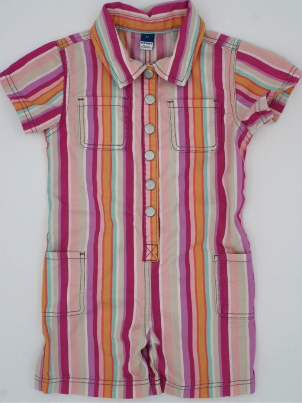 Old Navy Girls Button-Up Striped Romper 🧡🩵🩷